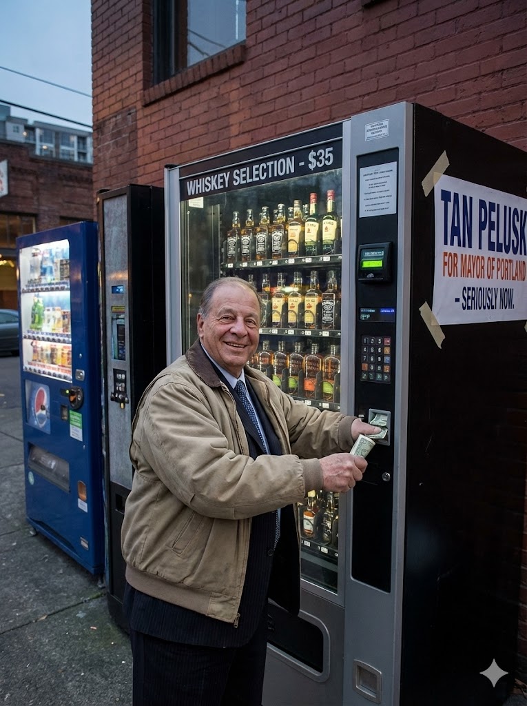 Tan Peluski buying whiskey from a vending machine