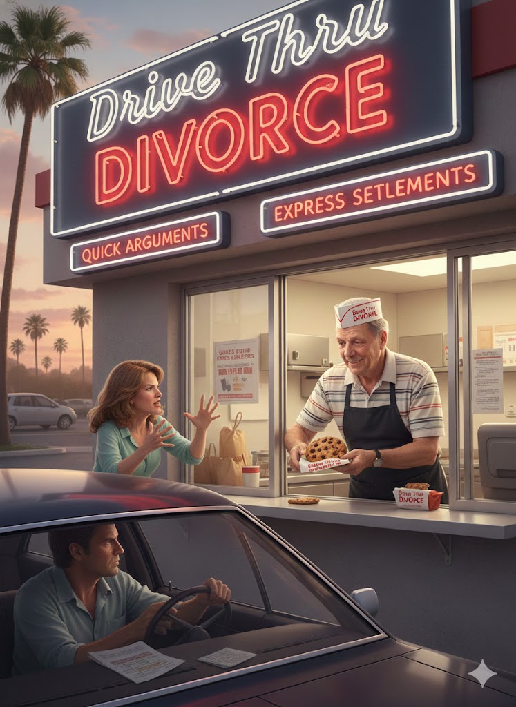 Tan Peluski at a drive-thru divorce window