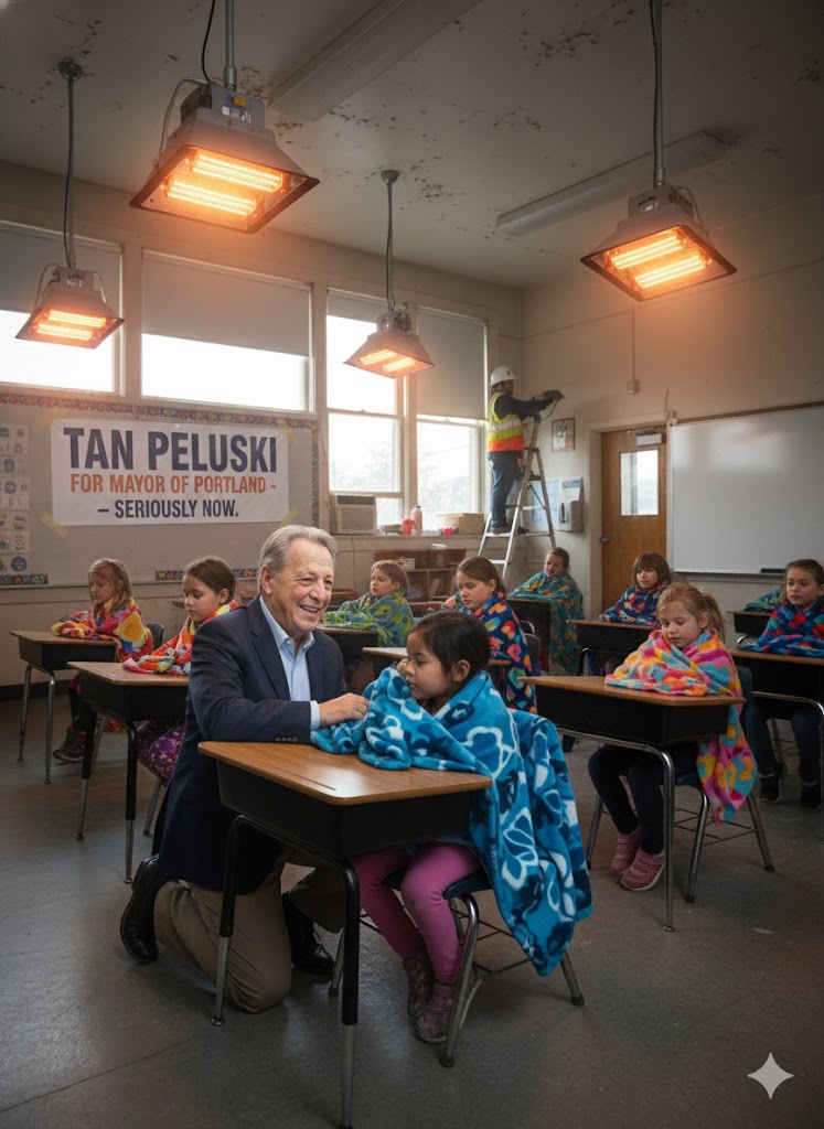 Tan Peluski installing heat lamps at a school